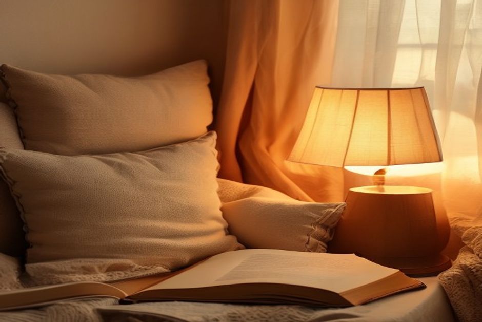 Cozy corner with soft lighting, cushion, and open book at dusk
