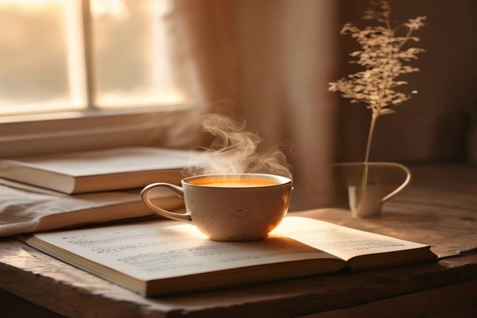 Evening tea and journal on wooden bedside table near window
